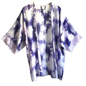 Linea Donatella Purple Floral Robe Size L XL Open Kimono Dressing Gown Lace